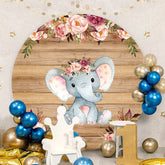 Aperturee - Floral Elephant Round Wood Baby Shower Backdrop